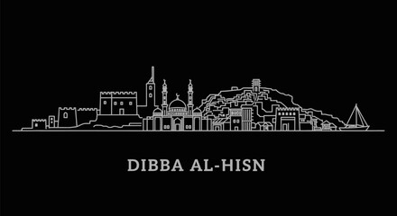Dibba AlHisn Minimalist Skyline Vector on Black Travel Destination.