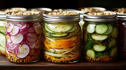 Stacked jars of pickled vegetables