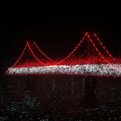 Night View of Illuminated Suspension Bridge Adorned with Indonesian Flag Colors Over Cityscape