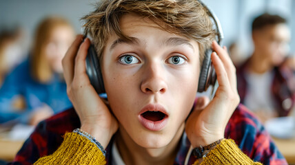 Teen listening with shock. Headphones on, mouth open, eyes wide with surprise, expression of disbelief, in a classroom with others.