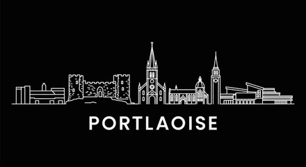 Obraz premium Portlaoise with Ireland skyline outline, and monochrome vector icon.