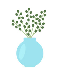 Green plant in glass vase. Simple flat element for design.