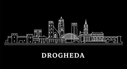 Fototapeta premium Drogheda Skyline White Line Art on Black with Ireland Cityscape Silhouette.