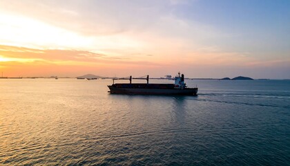 Obraz premium Cargo ship sailing at sunset ocean view.