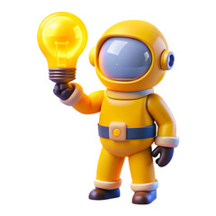 Cartoon astronaut holding a glowing light bulb symbolizing a new idea