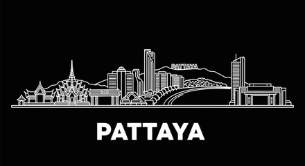 Naklejka premium Pattaya Skyline Silhouette Thailand Cityscape Outline Vector on Black.