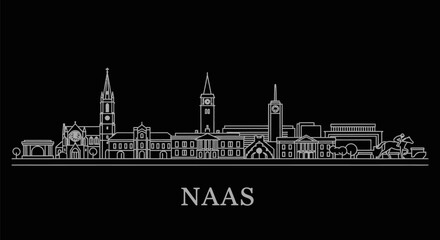 Naklejka premium Naas with Ireland Skyline Silhouette Buildings Outline, and Black Background.