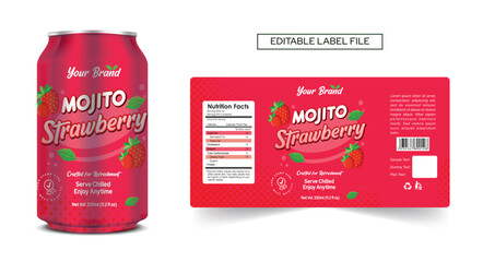 Mojito drink can label design Strawberry drink label, cocktail label design. Soda can vector, Energy drink mocktail, strawberry soft drink label template editable vector mojito design