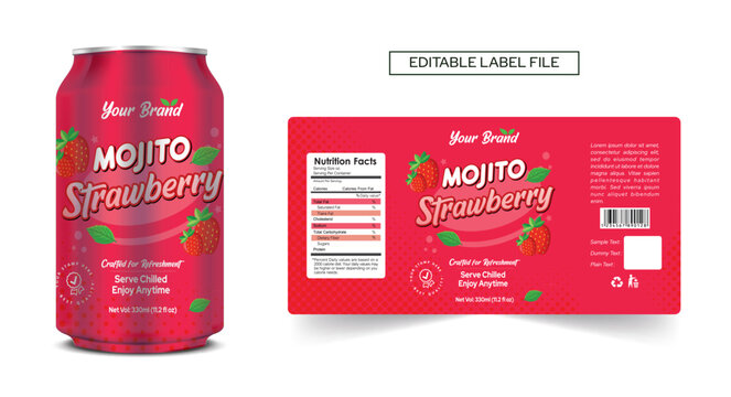Mojito drink can label design Strawberry drink label, cocktail label design. Soda can vector, Energy drink mocktail, strawberry soft drink label template editable vector mojito design