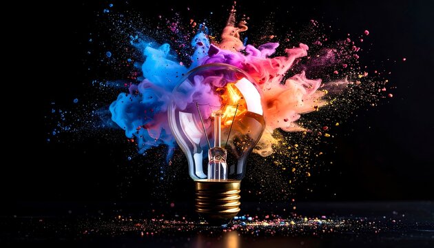 A glowing lightbulb surrounded by vibrant color bursts