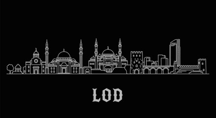 Obraz premium Lod Skyline Minimalist White Outline of Iconic City Landmarks on Black.