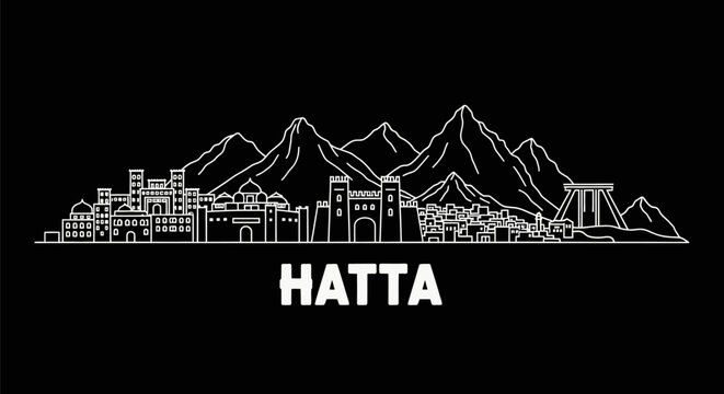 Hatta Skyline Minimalist White Outline on Black Background.