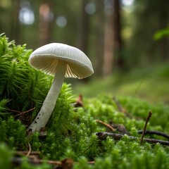Single white mushroom growing in green moss forest floor