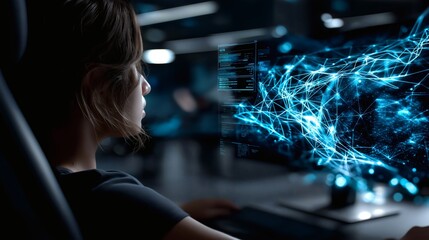 Woman views intricate blue network on monitor in a darkened office.