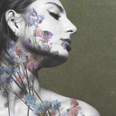 Abstract collage illustration of beautiful woman with colorful flower blossoms ornate face portrait on green velvet background. Grain, grunge and motion blur effect applied. Retro vintage style