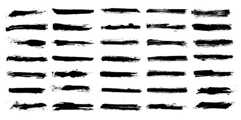 Set of black grunge ink paint brush strokes. Brush stroke collection on transparent background. Hand drawn strokes for paint texture, grunge banner, grunge callout, and abstract backdrop.