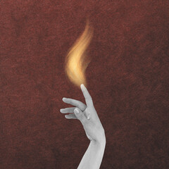 Abstract collage illustration of woman hand and fire flame coming from finger on red grunge background with copy space. Grain, grunge and motion blur effect applied. Retro vintage style