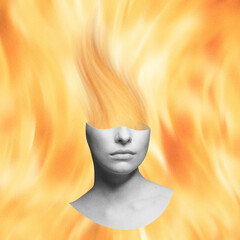 Surreal collage illustration of woman portrait with fire flames on head on yellow surreal background. Grain, grunge and motion blur effect applied. Retro vintage style