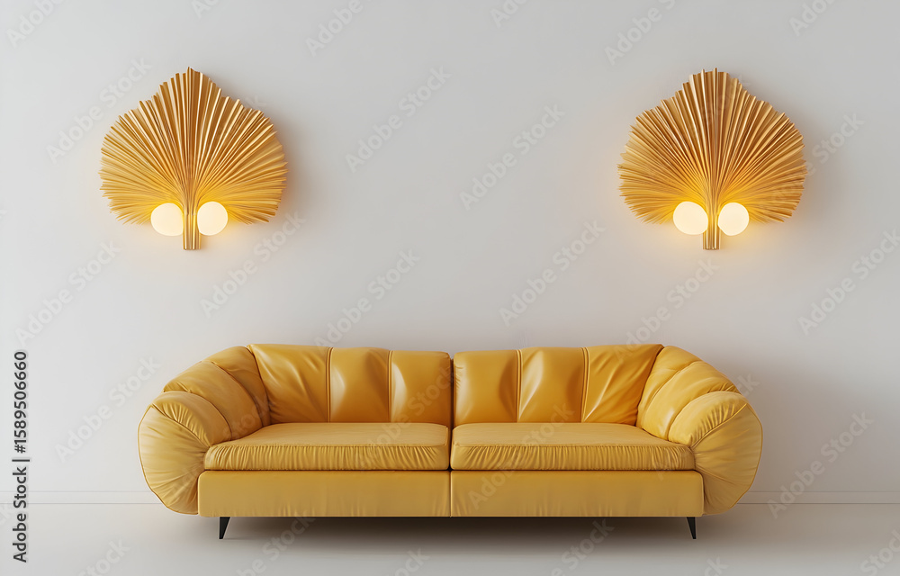Poster a photorealistic image of an empty room with a yellow leather sofa and two wall sconces in the shape