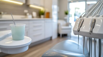 Modern dental office interior with equipment and drink