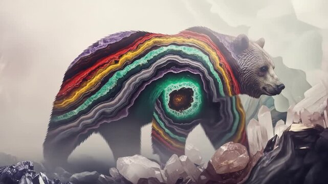 Surreal digital art of a fantasy bear with a colorful geode crystal pattern walking through a misty landscape
