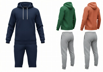 A stylish hoodie and sweatpants mockup in multiple colors, showing front, side, and back angles, 3D rendering