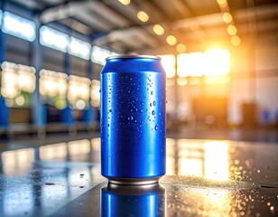 Blue can on a reflective surface in a large warehouse