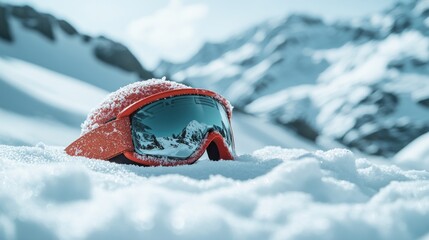 Orange ski goggles buried in snow. Mountains in background
