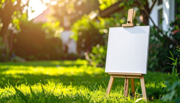 Easel with blank canvas standing on green grass in a park setting.