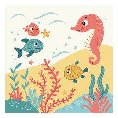 Whimsical underwater scene with smiling sea creatures and vibrant flat colors