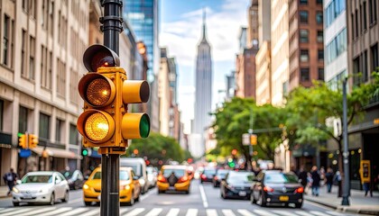 Busy city street with yellow traffic light