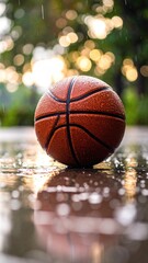 Basketball on wet pavement in rain