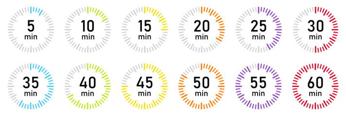 Set of colorful circular countdown timer icons displaying time intervals from 5 to 60 minutes. Ideal for presentations, infographics, fitness apps and time management. Vector illustration.
