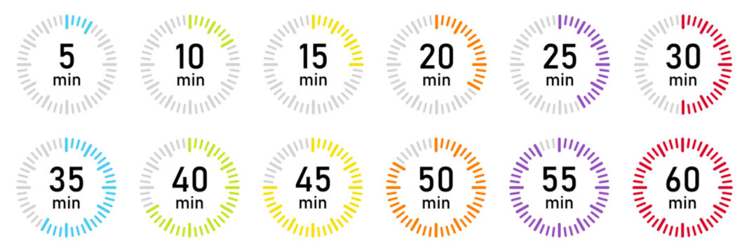 Set of colorful circular countdown timer icons displaying time intervals from 5 to 60 minutes. Ideal for presentations, infographics, fitness apps and time management. Vector illustration.