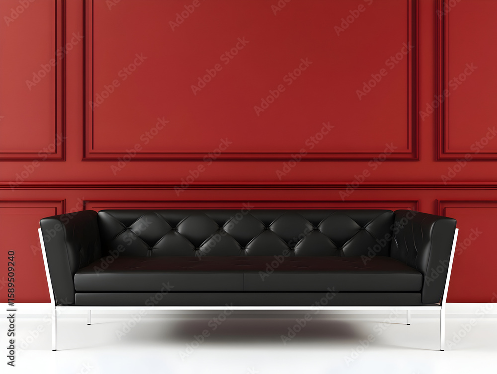 Poster 3d render of a black modern sofa with a white frame in front of a red wall, 3d render of a black mod