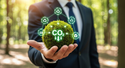 Businessman holds moss ball with CO2 reduction icons