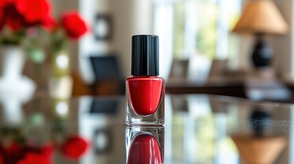 Red nail polish bottle on a mirrored surface, blurred interior background