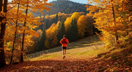 Fototapeta premium Person Trail Running in Autumn Forest