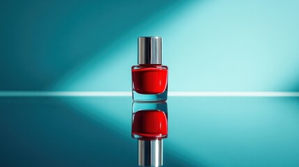 Red nail polish bottle, teal backdrop, reflection