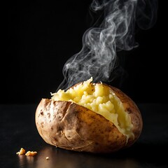 Hot baked potato with steam on black background hot food