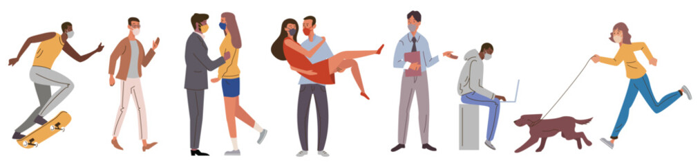 Obraz premium City activity of people in masks on faces set vector illustration. Cartoon man and woman wear casual clothes, characters protect health from viruses and air pollution isolated white. Safety concept