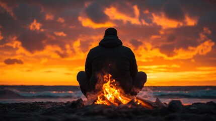 Silhouette of person by fire at sunset