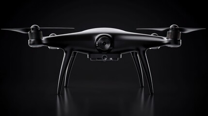 Sleek black drone, front view, dark background