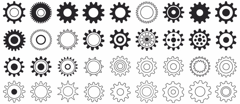 gear icon vector set, black cogwheel shapes, mechanical gears, engineering symbols, industrial machinery elements, sprocket designs, and abstract gearwheel graphics
