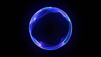 Abstract 3d sphere of purple and blue neon gradient particle waves. Artificial Intelligence concept, virtual assistant, future technology, innovations. Vibrant energy sphere, glowing 3d orb.
