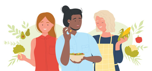 Vegan healthy lifestyle, food diet and nutrition. Cartoon young people holding vitamin vegetable ingredient and cooking, vegetarian tasty meal on plate flat vector illustration. Nourishment concept