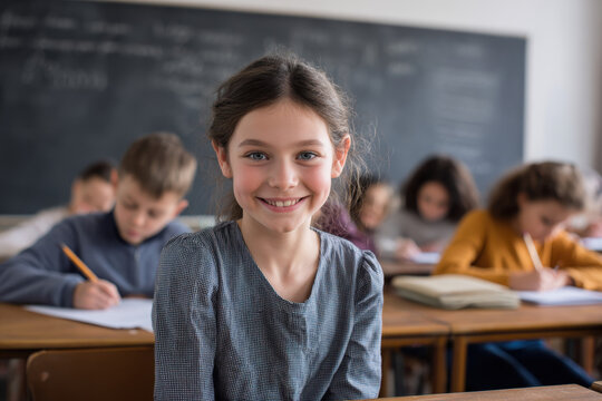 A young girl is smiling and sitting at a desk in a classroom with a teacher. Students are writing on paper and a blackboard behind them