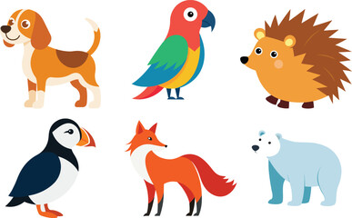 Cartoon Animals Set Illustration Dog Parrot Hedgehog Puffin Fox Bear on transparent background