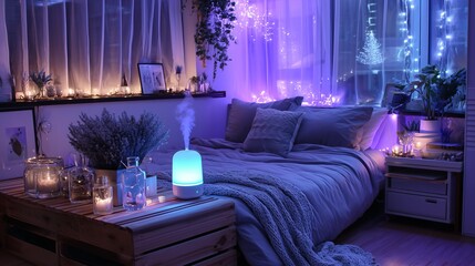 room with rgb aesthetic air diffuser and small led strip lighting