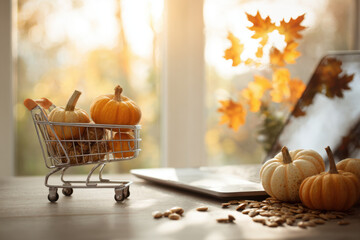 A small shopping cart filled with pumpkins is placed on the table next to an open laptop, creating a warm autumn atmosphere, autumnal shopping
